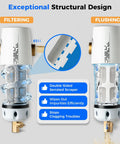 Diagram of Reusable Spin Down Sediment Water Filter 100 Micron With Built In Housing Scraper showing filtering and flushing stages.