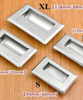 Hidden Recessed Pull Handle Set in stainless steel, sizes XL to S, displayed on wood surface. Flush concealed furniture handles for doors.