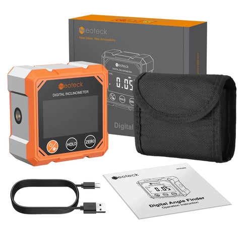 Top Shelf Four Side Magnetic Digital Angle Finder With Dual Laser Level For Tiling Layouts Picture Hanging And Quick Installations That Give Badass Accuracy Without Any Hassle Or Fuss with accessories and packaging.