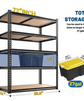 Beefy 5-Tier Garage Shelving Unit, 72-Inch Tall, Adjustable Steel Racks With 2,200 Lb Total Capacity, Anti-Sag Design For Garage, Workshop, And Warehouse, Heavy Duty Storage That Keeps Your Gear Sorted. 72-inch steel shelf with 27-gallon tote storage