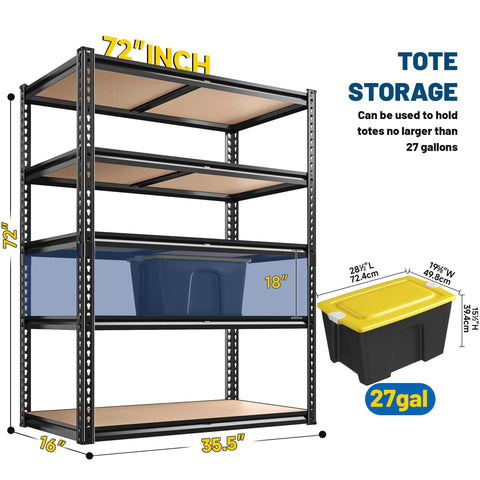 Beefy 5-Tier Garage Shelving Unit, 72-Inch Tall, Adjustable Steel Racks With 2,200 Lb Total Capacity, Anti-Sag Design For Garage, Workshop, And Warehouse, Heavy Duty Storage That Keeps Your Gear Sorted. 72-inch steel shelf with 27-gallon tote storage