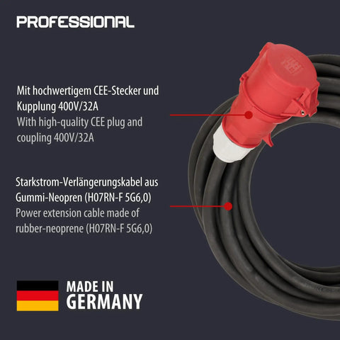 CEE Extension Cable 10 Meter Heavy Duty Neoprene Rubber Cord IP44 5 Pole With Plug And Coupling Sealed Flap Black showing red plug.