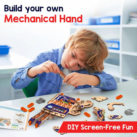 Child assembling DIY Robotic Mechanical Hand Kit For Kids Aged 8 To 14 Hands On STEM Toy Parents Choice Award Winner Perfect Birthday Gift For Boys And Girls Build A Realistic Gripping Hand And Learn Core Engineering Concepts in a classroom setting
