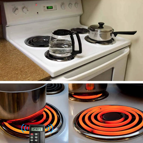 4 Pack MP22YA Electric Range Burner Elements Set installed on a white stove with pots and digital thermometer display.