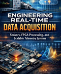 Book cover of 'Real Time Data Acquisition With Sensors And FPGA Processing For Scalable Telemetry Systems In Aerospace Interface Standards A Practical Hands On Guide For Engineers And Tech Pros' featuring circuit board and digital graphics.
