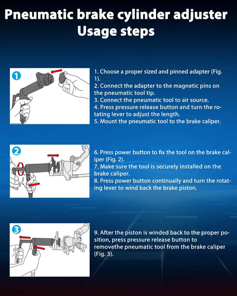 Instruction steps for 23 Piece Pneumatic Brake Caliper Wind Back Tool Kit With 22 Adapters, showing installation and use diagrams.