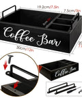 Coffee Bar Organizer For Countertop Wooden Farmhouse Style K Cup Pod Storage Basket With Handle Black Finish showing measurements