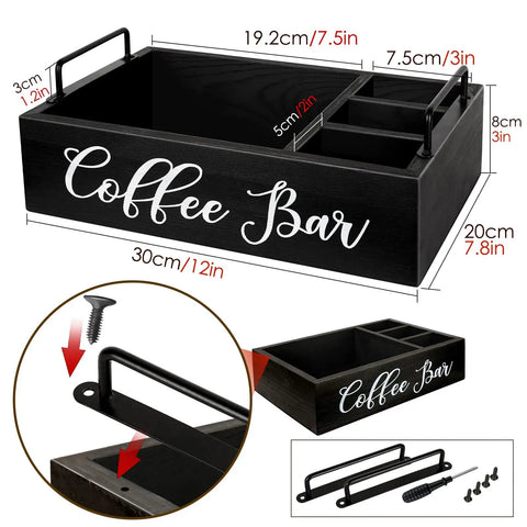 Coffee Bar Organizer For Countertop Wooden Farmhouse Style K Cup Pod Storage Basket With Handle Black Finish showing measurements