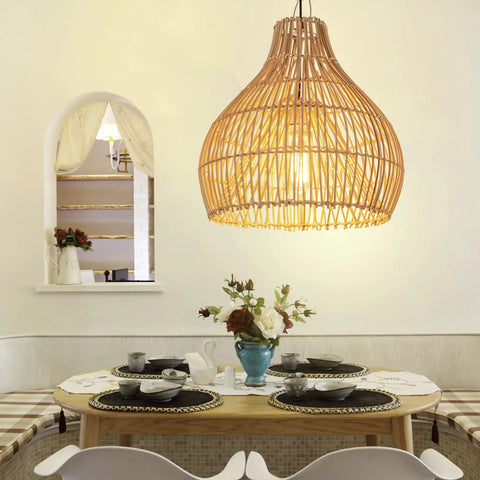 Small Rattan Pendant Light For Kitchen Island With Boho Wicker Chandelier Look illuminating dining area