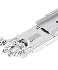 Close-up of No-Fuss Tool-Less Ball Bearing Sliding Rail Kit For Rackmount Chassis, showing steel construction and ball bearing detail.