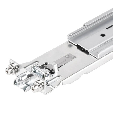 Close-up of No-Fuss Tool-Less Ball Bearing Sliding Rail Kit For Rackmount Chassis, showing steel construction and ball bearing detail.