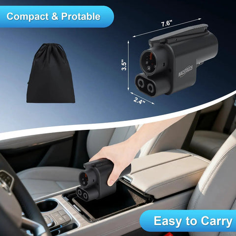 Plug And Play Electric Vehicle Charging Adapter For Tesla Supercharger To Ccs1 Connector resting in a car cup holder, compact design.