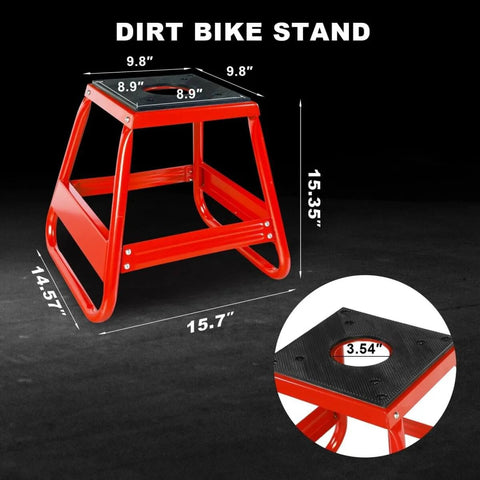 Universal Dirt Bike Stand Lift With 1000 Lb Capacity Removable Maintenance Jack For Dirt Bikes And Motocross, red steel frame with top view inset.