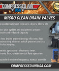 Zero Air Loss Condensate Drain With Float For Compressed Air Systems, Fully Automatic One Half Inch NPT Inlet And Discharge, Energy Efficient Drain That Prevents Air Loss In Tanks, Filters, Separators And Dryers on display with features highlighted