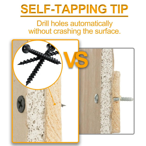 Self-tapping tip comparison for Heavy Duty Heavy Lifter Size 6 X 2 Inch Drywall Screws For Wood Framing and Coarse Thread Black Bugle Head.