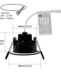 Back view of 10-Pack 3-Inch LED Gimbal Downlight Dope Canless Pot Light with dimensions and cutout guide in black.