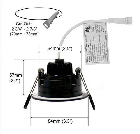 Back view of 10-Pack 3-Inch LED Gimbal Downlight Dope Canless Pot Light with dimensions and cutout guide in black.