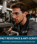 Heavy Duty Protective Safety Glasses Featuring Kickass Impact Resistance And ANSI Certification For Construction Crews and Workshop Pros Who Need Tough Eye Gear That Actually Holds Up Under Daily Pressure, worn by male worker in workshop.