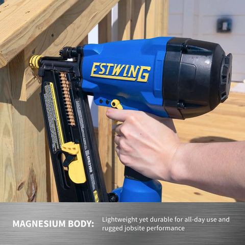 Lightweight 21 Degree Framing Nailer With Depth Adjustment Magnesium Body Pneumatic Nail Gun in action on wood frame