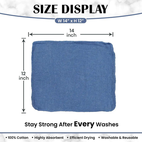 Blue Cotton Shop Towels Pack Of 150 12x14 Inches Absorbent Cleaning Rags showing size dimensions