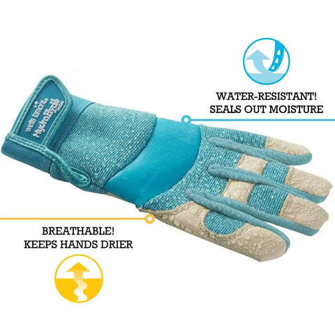 HydraHyde Water Resistant Leather Work And Garden Gloves For Women, Small, aqua color, showing reinforced fingertips and adjustable wrist closure.