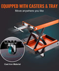1100 Lbs Motorcycle Lift With Dolly And Hand Crank Scissor Lift Jack With Center Hoist, Wide Deck, Tool Tray, and Casters