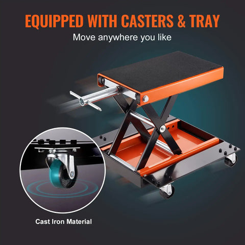 1100 Lbs Motorcycle Lift With Dolly And Hand Crank Scissor Lift Jack With Center Hoist, Wide Deck, Tool Tray, and Casters