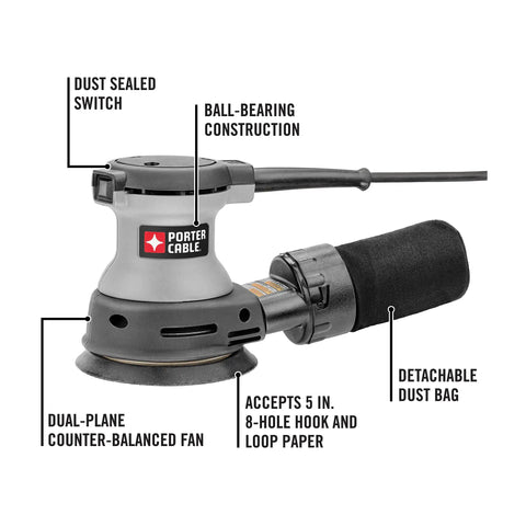 5-Inch Random Orbital Sander With Dual Plane Balance, Hundred Percent Ball Bearing Construction for woodworking projects, labeled features