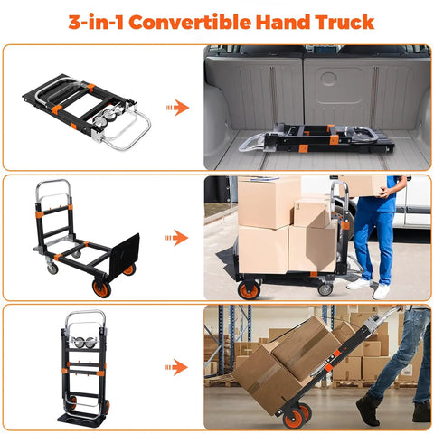 3 In 1 Folding Dolly Cart With Wheels Heavy Duty Hand Truck For 600 Lb Loads, Collapsible With Retractable Handle And Two Straps, Converts To Two Wheel Or Four Wheel Trolley For Warehouse, Home Or Office Use folded and loaded with boxes