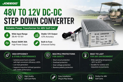 Heavy Duty 48V To 12V Dc Dc Converter Step Down Voltage Reducer With Built In Fuse, compact design for golf cart power management.