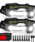Ultra Bright Rechargeable Headlamp With Red Taillight, 230 Degree Floodlight, 10 Modes, IPX6 Waterproof, accessories shown