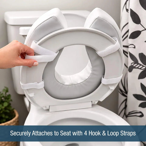 Raised Toilet Seat Cushion Riser With 2 Inch Pad And White Cover for Extra Comfort on Standard Toilets, shown with straps attaching it securely.