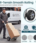 Man using Heavy Duty Folding Hand Truck Workhorse With Aluminum Dolly Cart, Handles Up To 600 Lbs, Ergonomic Grip, 2 Rubber Wheels