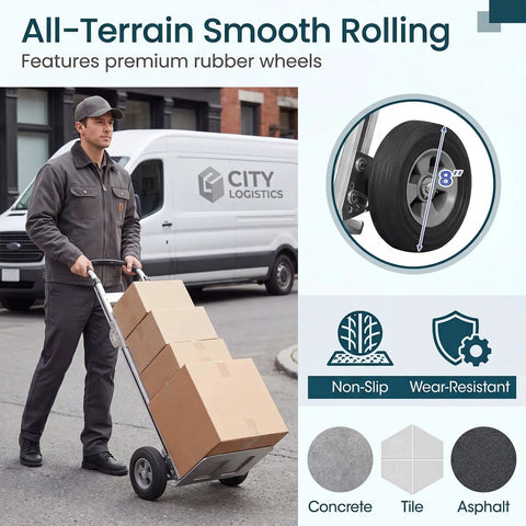 Man using Heavy Duty Folding Hand Truck Workhorse With Aluminum Dolly Cart, Handles Up To 600 Lbs, Ergonomic Grip, 2 Rubber Wheels