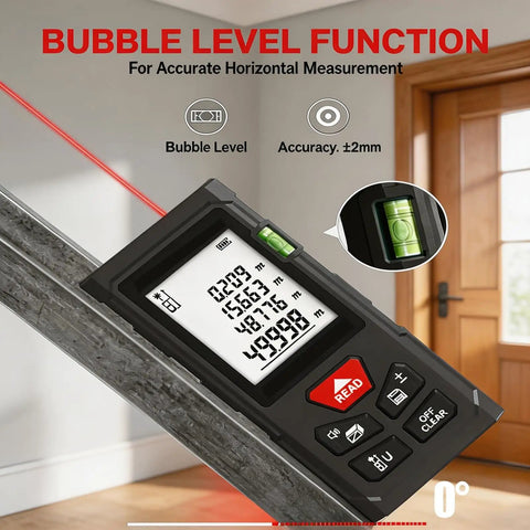 Solid Workhorse Laser Distance Meter With Zero Sweat Measurements Up To Three Twenty Eight Feet And Hella Accurate Plus Two Mm Precision for checking horizontal levels.
