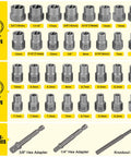 35-Piece Bolt Extractor Kit With One Quarter And Three Eighths Inch Drive displayed with sizes and accessories.