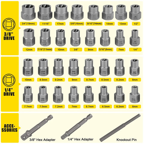 35-Piece Bolt Extractor Kit With One Quarter And Three Eighths Inch Drive displayed with sizes and accessories.