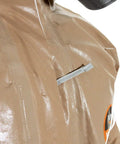 Close-up of Hazmat Grade Disposable Coverall with Hood and Elastic Cuffs Size Small Medium showing front zipper detail.