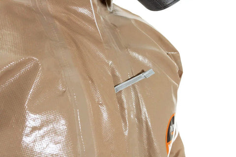 Close-up of Hazmat Grade Disposable Coverall with Hood and Elastic Cuffs Size Small Medium showing front zipper detail.