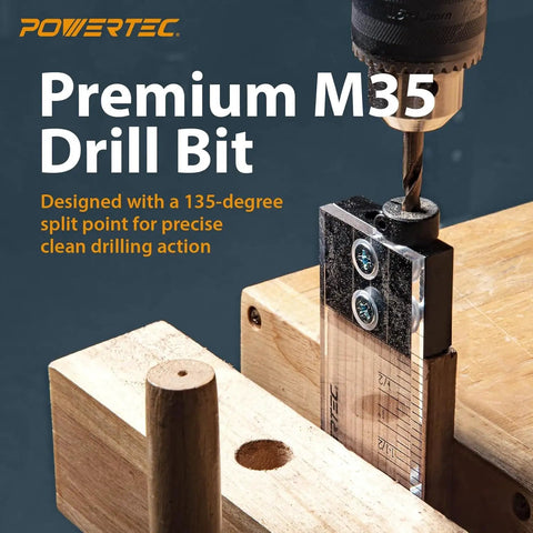 Three Eighths Inch Dowel Drilling Jig With Cobalt M35 Drill Bit And Split Ring Stop Collar For Ultra Precise Dowel Joints In Three Quarter Inch Wood Stock Fast And Easy Centered Holes Every Time features M35 drill bit in use with jig on wood.