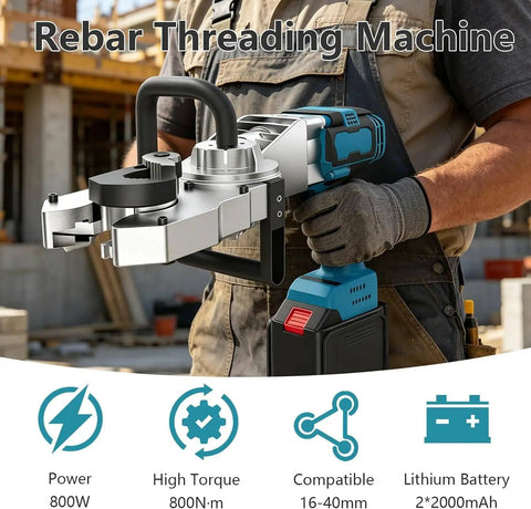 Cordless Rebar Threader Tool Kit With Dual 2000mAh Batteries, Beast Mode Pro Grade 800W Brushless Motor, 60 To 160 RPM, Rapid 15 Second Threading, Magnetic Drive Rotor Tech, Heavy Duty Construction For Fast Metalwork, worker holding rebar threader