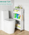Slim 4 Tier Rolling Storage Cart For Tiny Spaces Space Saver Narrow Metal Utility Cart On Wheels With Handle, White Kitchen Laundry Bathroom Organizer, Mobile Shelving Unit For Tight Corners, 5.9 Inch Wide next to toilet in bathroom.