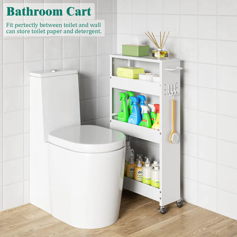 Slim 4 Tier Rolling Storage Cart For Tiny Spaces Space Saver Narrow Metal Utility Cart On Wheels With Handle, White Kitchen Laundry Bathroom Organizer, Mobile Shelving Unit For Tight Corners, 5.9 Inch Wide next to toilet in bathroom.