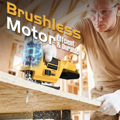 Man using Cordless Jigsaw With Brushless Motor, Barrel Grip, 7 Speed, 3 Orbital Settings, Vacuum Adapter on wooden board