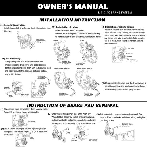 Owner's manual for All In One Bike Front And Rear Disc Brake Kit With Calipers, 160mm Stainless Rotors, cables, levers.