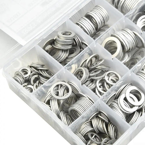 Ultimate 450Piece Aluminum Oil Drain Gasket Kit With 18 Sizes From 6mm To 24mm For Any Vehicle Maintenance Job And Superior Wear Resistant Seals You Can Trust, assorted washers in organizer box