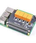 4 Channel Relay Module for Raspberry Pi High Voltage Switching Board Plug and Play Home Automation Add On for Pi shown from above.