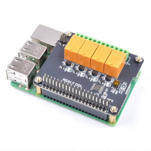 4 Channel Relay Module for Raspberry Pi High Voltage Switching Board Plug and Play Home Automation Add On for Pi shown from above.