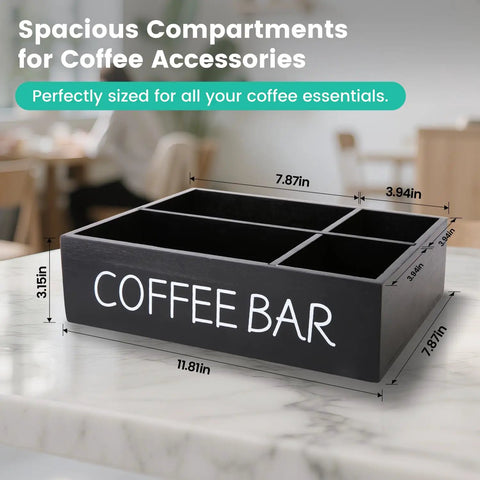 Wooden Coffee Bar Organizer With Four Compartments And Removable Dividers For Home And Office Kitchen Station on marble countertop