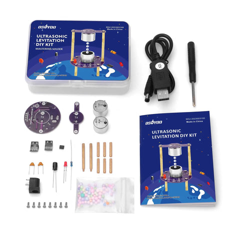 Ultrasonic Levitation Soldering Kit For Beginners A Hands On STEM Electronics DIY Practice Set To Learn Soldering Build A Sound Wave Floating Ball Experiment USB Powered Science And Engineering Project showing all components